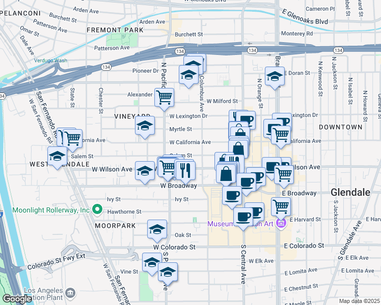 map of restaurants, bars, coffee shops, grocery stores, and more near 421 Salem Street in Glendale