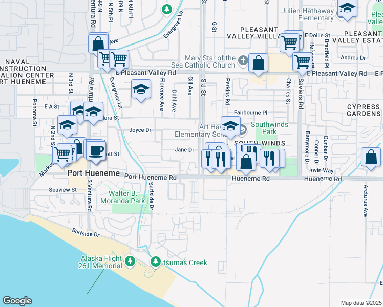 map of restaurants, bars, coffee shops, grocery stores, and more near 850 Jane Drive in Port Hueneme