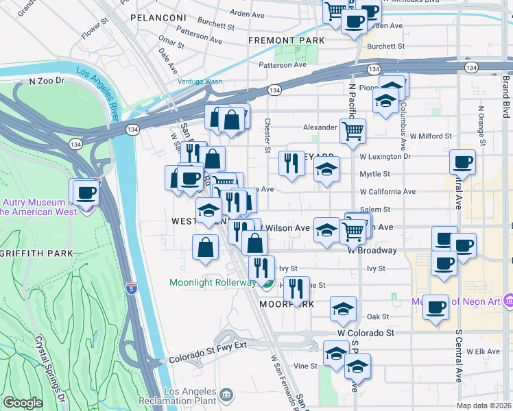 map of restaurants, bars, coffee shops, grocery stores, and more near 711 Salem Street in Glendale