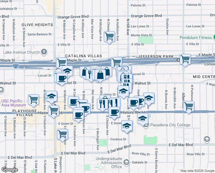 map of restaurants, bars, coffee shops, grocery stores, and more near 183 North Chester Avenue in Pasadena