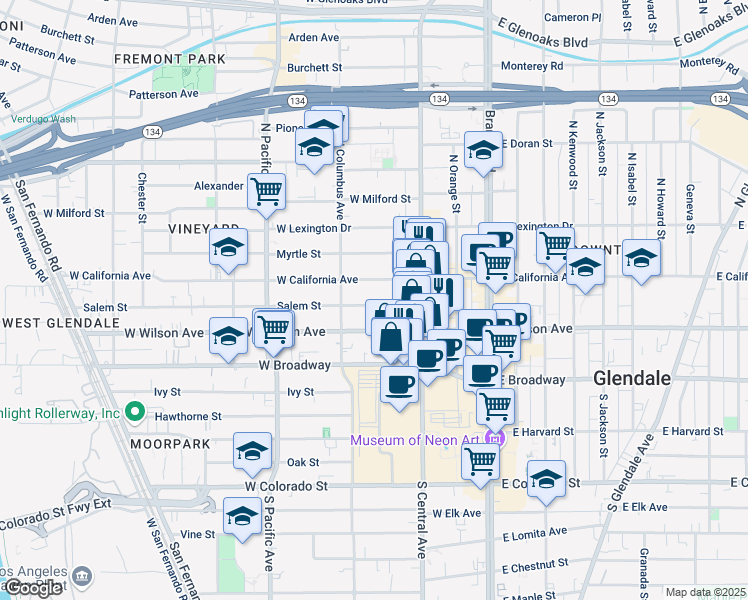 map of restaurants, bars, coffee shops, grocery stores, and more near 345 Salem Street in Glendale