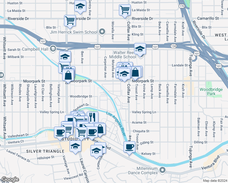 map of restaurants, bars, coffee shops, grocery stores, and more near 11830 Moorpark Street in Los Angeles