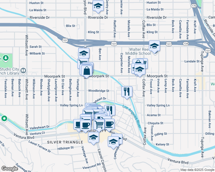 map of restaurants, bars, coffee shops, grocery stores, and more near 4313 Gentry Avenue in Los Angeles