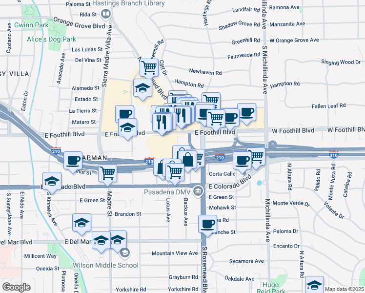 map of restaurants, bars, coffee shops, grocery stores, and more near 3600 East Foothill Boulevard in Pasadena
