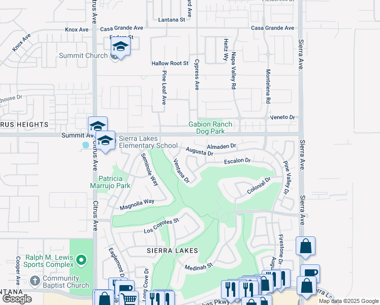 map of restaurants, bars, coffee shops, grocery stores, and more near 16466 Tierra Lane in Fontana