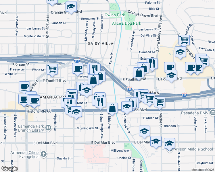 map of restaurants, bars, coffee shops, grocery stores, and more near in Pasadena