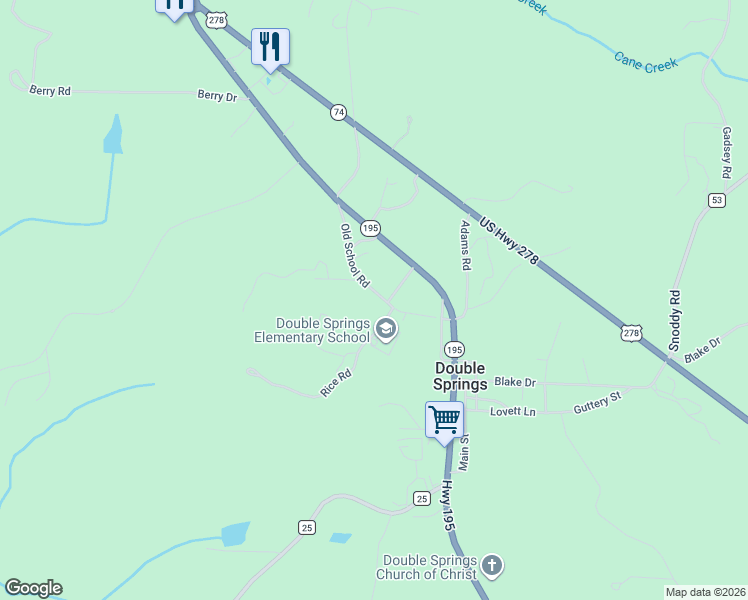 map of restaurants, bars, coffee shops, grocery stores, and more near 100-198 Old School Road in Double Springs