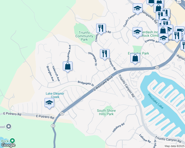 map of restaurants, bars, coffee shops, grocery stores, and more near 1241 Clayford Avenue in Westlake Village