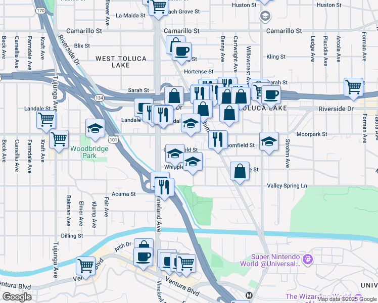 map of restaurants, bars, coffee shops, grocery stores, and more near 10878 Bloomfield Street in Los Angeles
