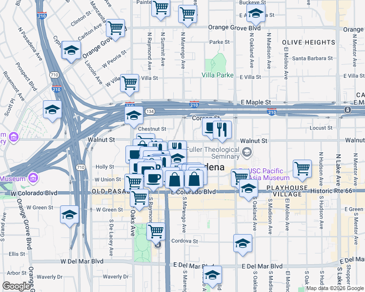 map of restaurants, bars, coffee shops, grocery stores, and more near 189 North Marengo Avenue in Pasadena