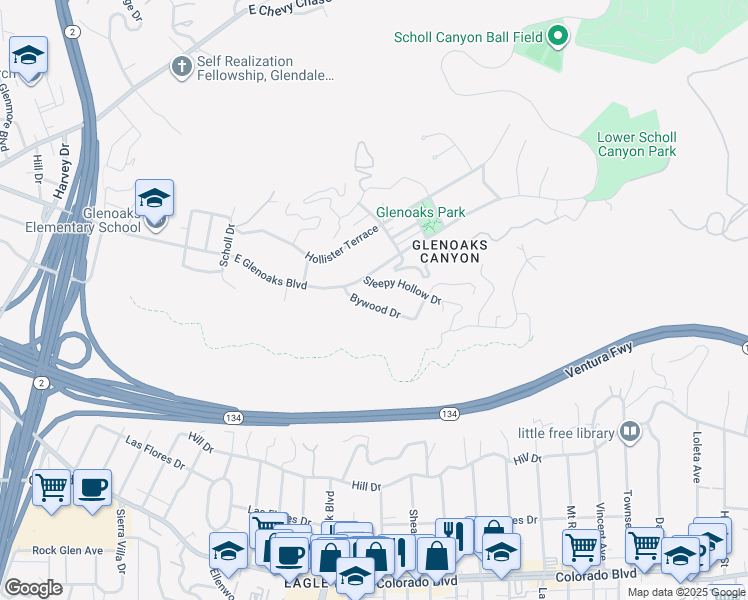 map of restaurants, bars, coffee shops, grocery stores, and more near 2429 Bywood Drive in Glendale