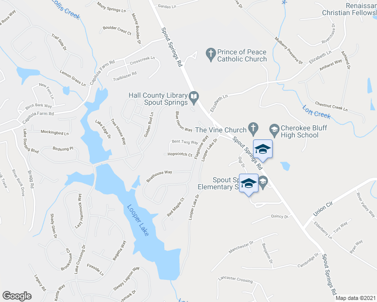 map of restaurants, bars, coffee shops, grocery stores, and more near 6914 Hopscotch Court in Flowery Branch