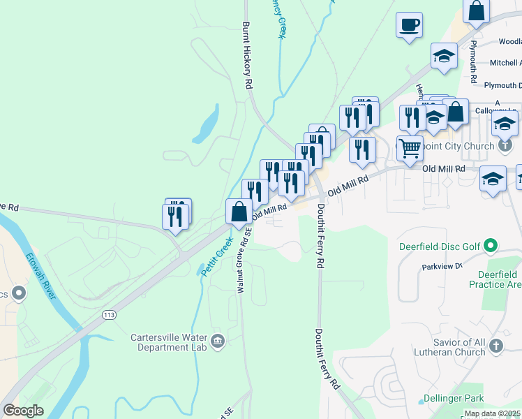 map of restaurants, bars, coffee shops, grocery stores, and more near 1240 West Avenue in Cartersville