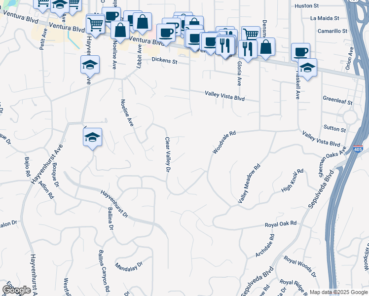 map of restaurants, bars, coffee shops, grocery stores, and more near 16105 Clear Oak Drive in Los Angeles