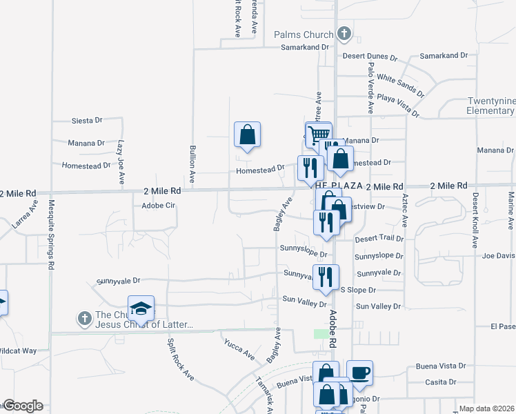 map of restaurants, bars, coffee shops, grocery stores, and more near 73484 Desert Trail Drive in Twentynine Palms