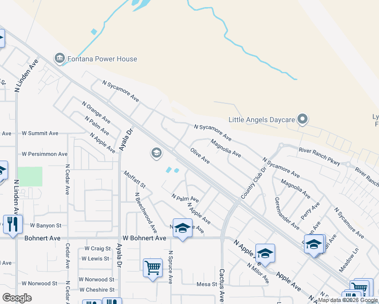 map of restaurants, bars, coffee shops, grocery stores, and more near 5704 Olive Avenue in Rialto