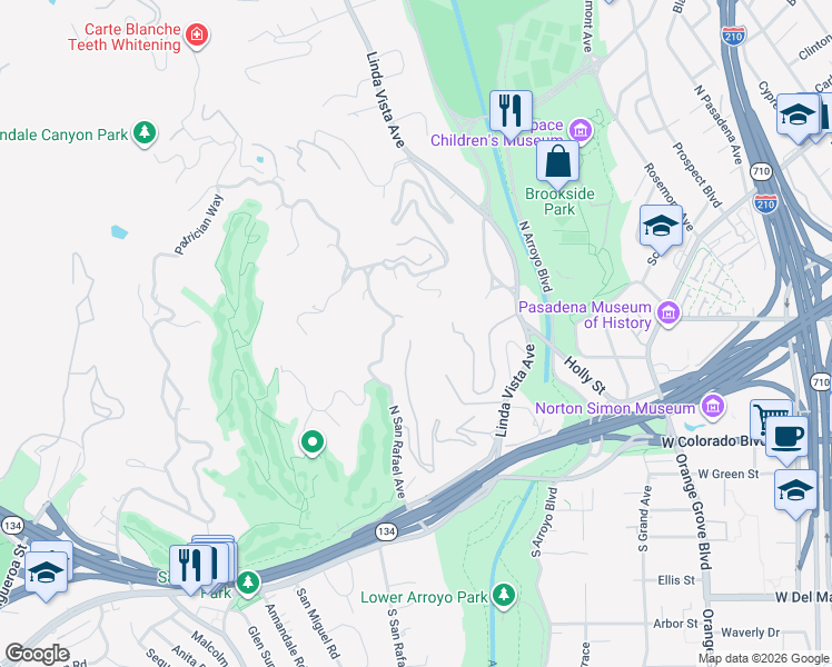 map of restaurants, bars, coffee shops, grocery stores, and more near 130 Fern Drive in Pasadena