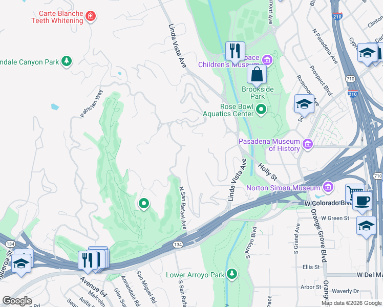 map of restaurants, bars, coffee shops, grocery stores, and more near 300 North San Rafael Avenue in Pasadena