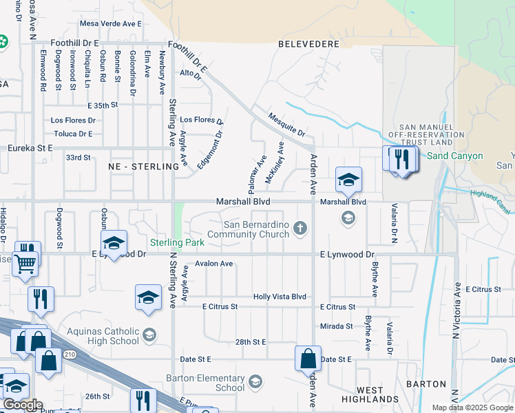 map of restaurants, bars, coffee shops, grocery stores, and more near 2226 Val Mar Drive in San Bernardino