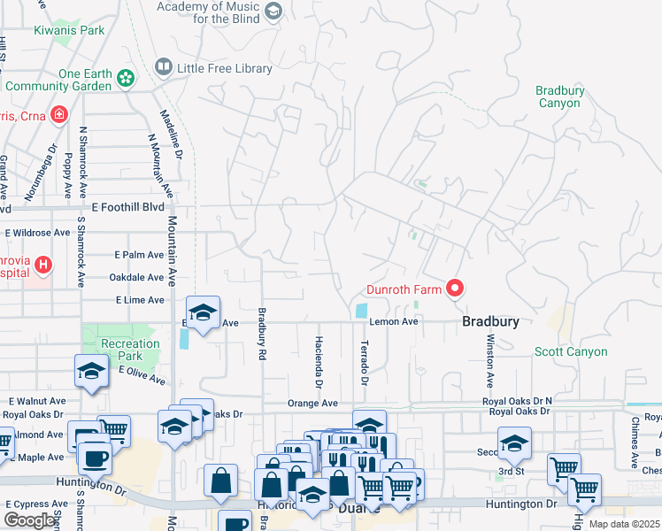 map of restaurants, bars, coffee shops, grocery stores, and more near 245 Barranca Road in Bradbury