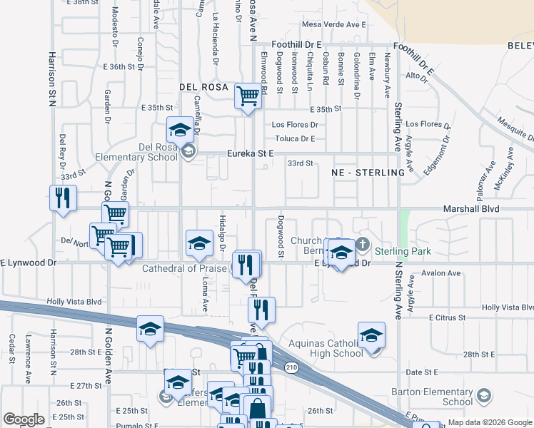 map of restaurants, bars, coffee shops, grocery stores, and more near 5778 Elmwood Road in San Bernardino