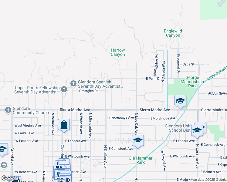 map of restaurants, bars, coffee shops, grocery stores, and more near 531 Sierra Madre Avenue in Glendora