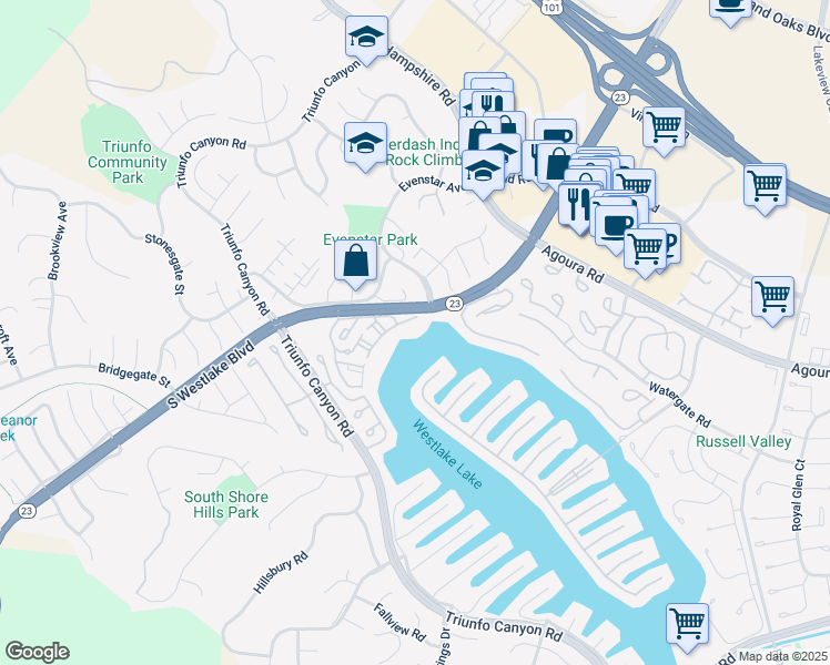 map of restaurants, bars, coffee shops, grocery stores, and more near 1156 South Westlake Boulevard in Malibu