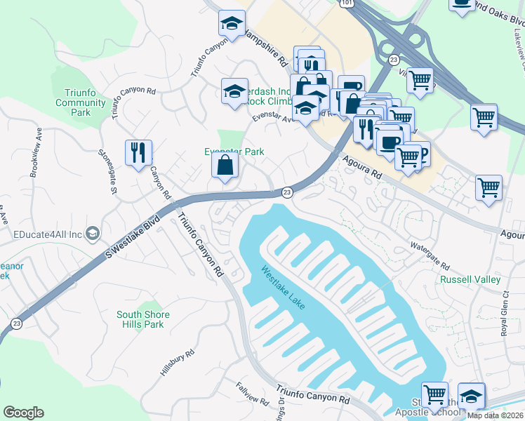 map of restaurants, bars, coffee shops, grocery stores, and more near 1156 South Westlake Boulevard in Malibu