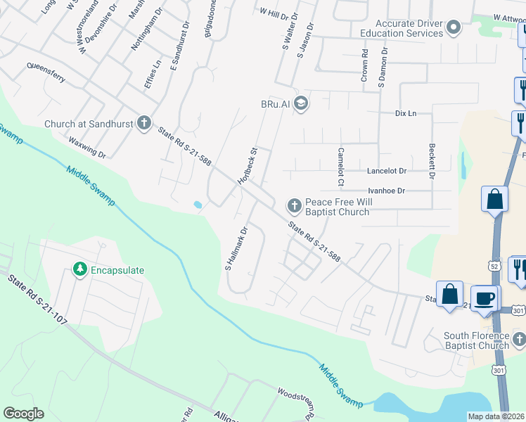 map of restaurants, bars, coffee shops, grocery stores, and more near 2471 South Hallmark Drive in Florence
