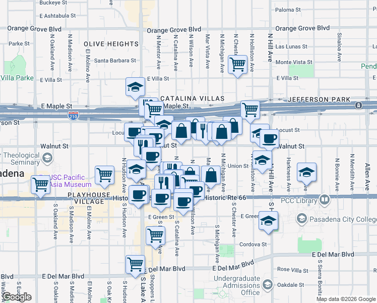 map of restaurants, bars, coffee shops, grocery stores, and more near 176 North Wilson Avenue in Pasadena