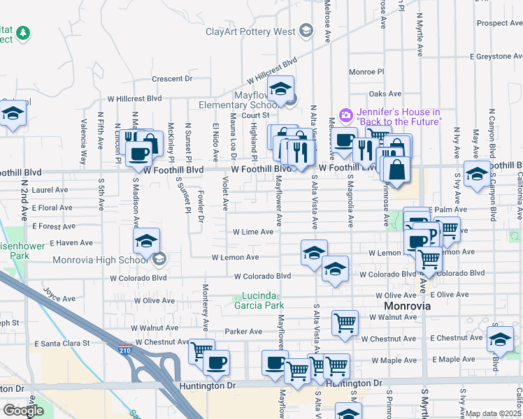 map of restaurants, bars, coffee shops, grocery stores, and more near 525 West Palm Avenue in Monrovia