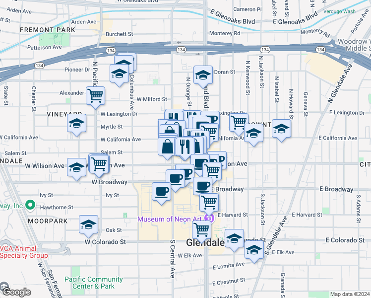 map of restaurants, bars, coffee shops, grocery stores, and more near 212 West California Avenue in Glendale