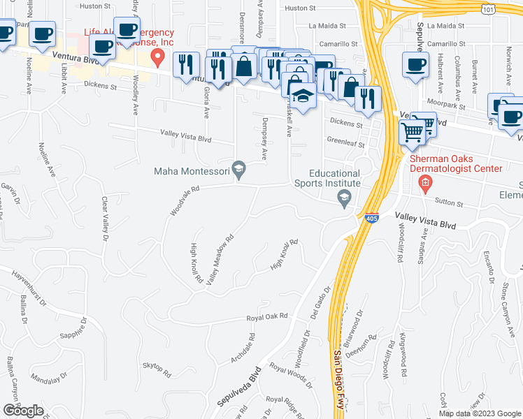 map of restaurants, bars, coffee shops, grocery stores, and more near 15655 Meadowgate Road in Los Angeles