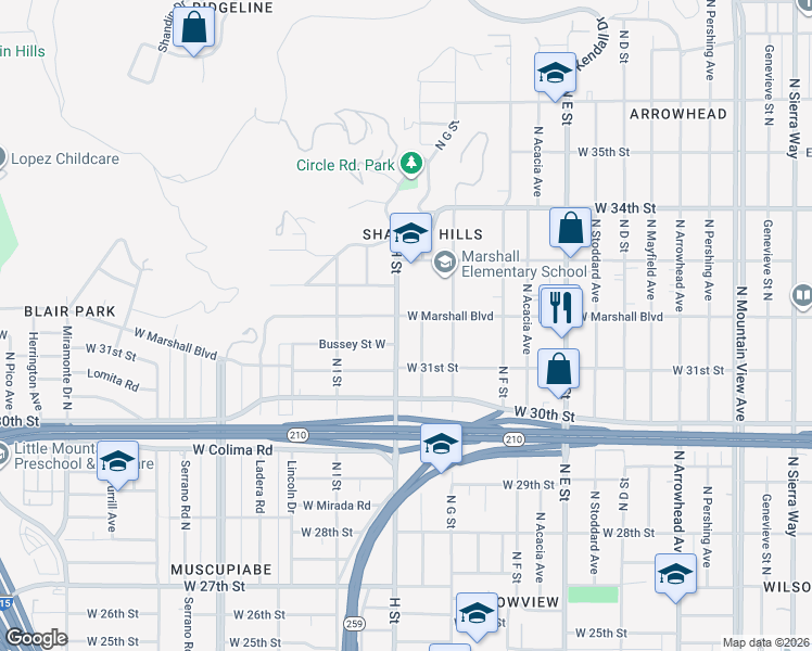 map of restaurants, bars, coffee shops, grocery stores, and more near 3166 North Crescent Avenue in San Bernardino