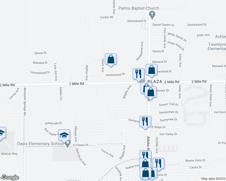map of restaurants, bars, coffee shops, grocery stores, and more near 73456 Desert Trail Drive in Twentynine Palms