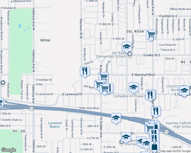map of restaurants, bars, coffee shops, grocery stores, and more near 3172 Alameda Court in San Bernardino