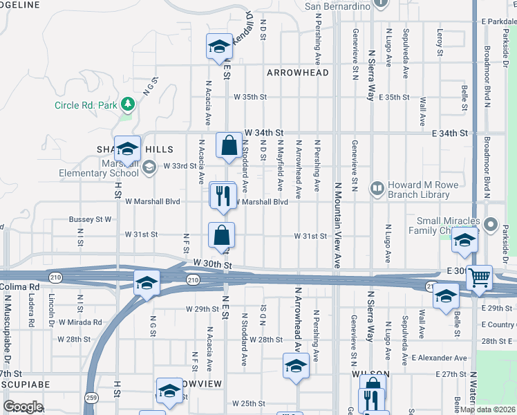 map of restaurants, bars, coffee shops, grocery stores, and more near 3177 North Stoddard Avenue in San Bernardino