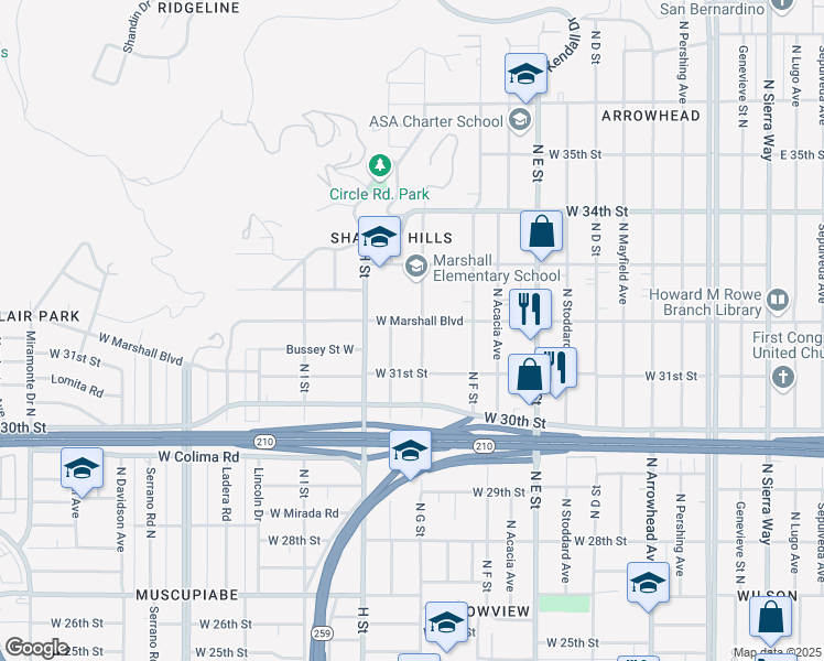 map of restaurants, bars, coffee shops, grocery stores, and more near 719 West Marshall Boulevard in San Bernardino