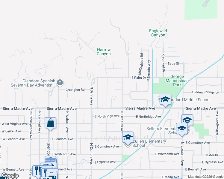 map of restaurants, bars, coffee shops, grocery stores, and more near 620 Crestglen Road in Glendora