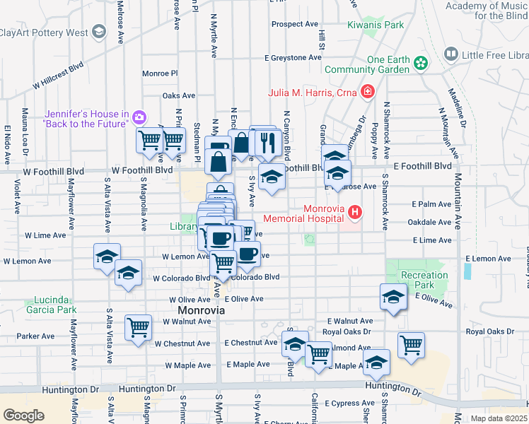 map of restaurants, bars, coffee shops, grocery stores, and more near 232 East Palm Avenue in Monrovia