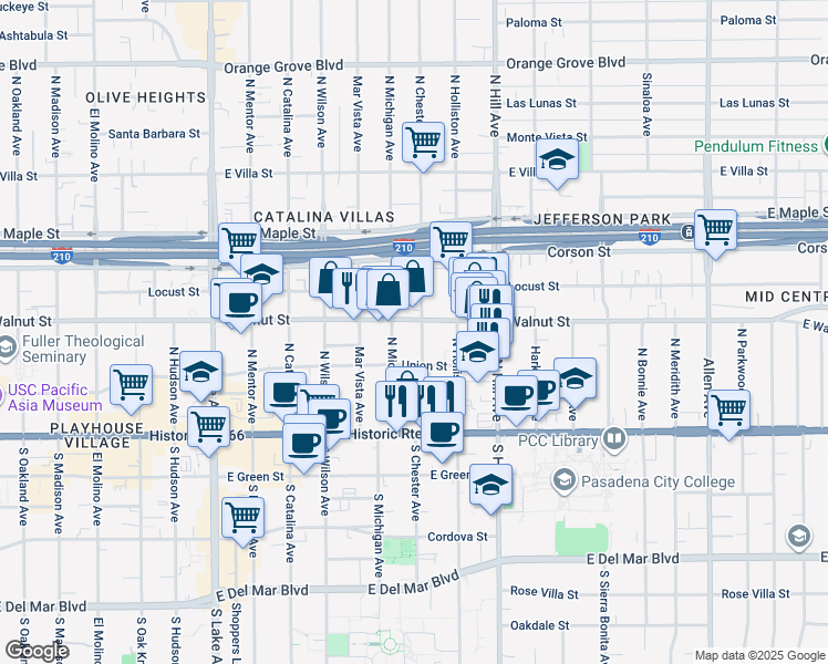 map of restaurants, bars, coffee shops, grocery stores, and more near in Pasadena