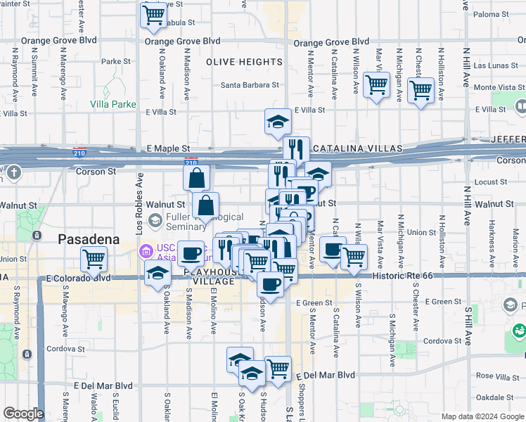 map of restaurants, bars, coffee shops, grocery stores, and more near 177 North Hudson Avenue in Pasadena