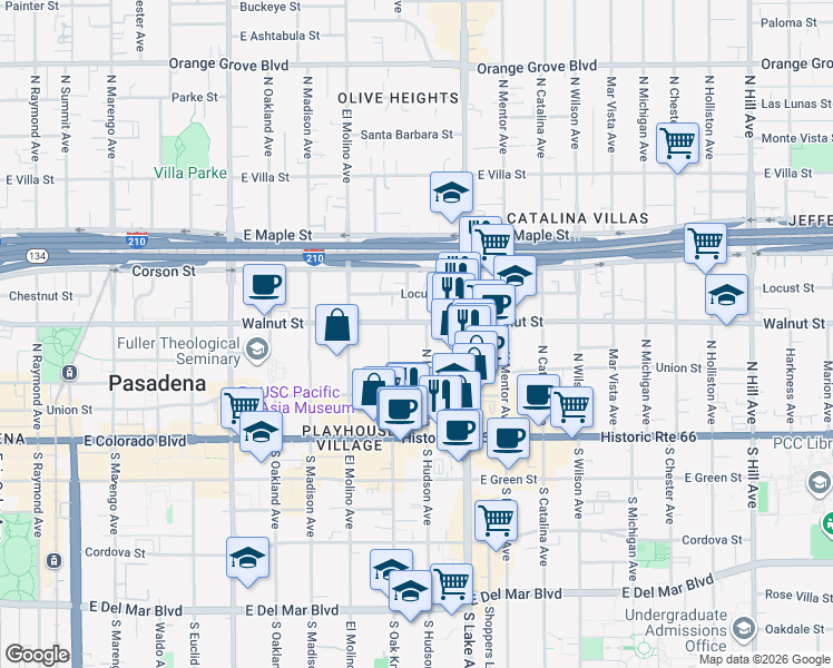 map of restaurants, bars, coffee shops, grocery stores, and more near 177 North Hudson Avenue in Pasadena
