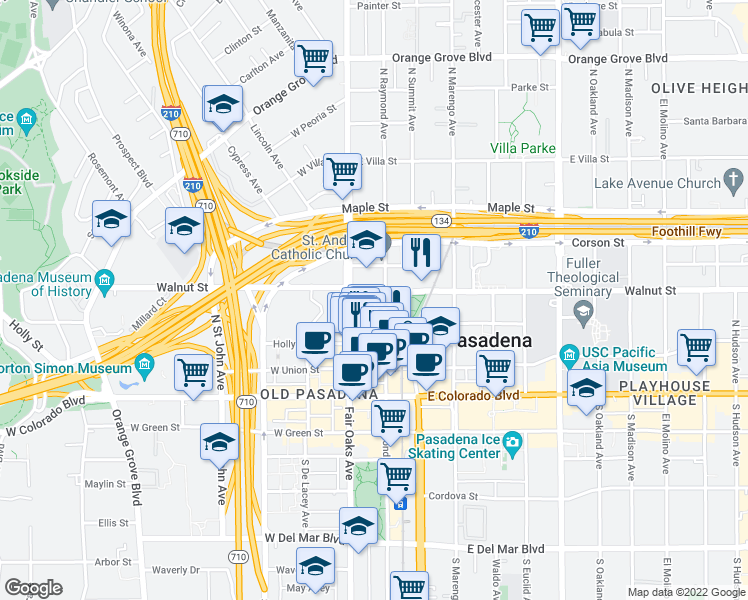 map of restaurants, bars, coffee shops, grocery stores, and more near in Pasadena