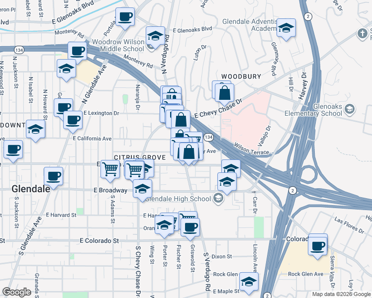 map of restaurants, bars, coffee shops, grocery stores, and more near 1332 Stanley Avenue in Glendale