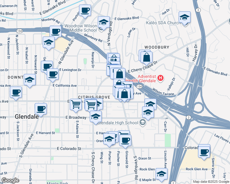 map of restaurants, bars, coffee shops, grocery stores, and more near 1332 Stanley Avenue in Glendale