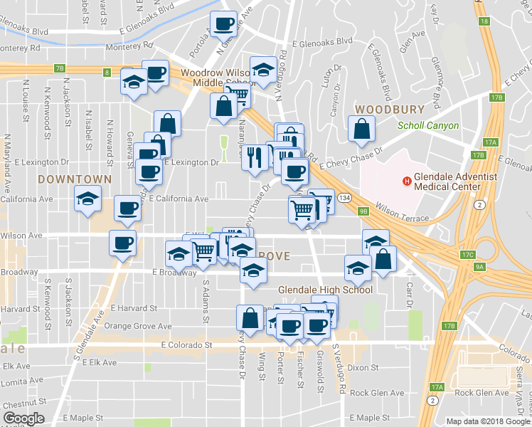 map of restaurants, bars, coffee shops, grocery stores, and more near 1300 Stanley Avenue in Glendale