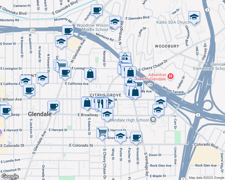 map of restaurants, bars, coffee shops, grocery stores, and more near in Glendale
