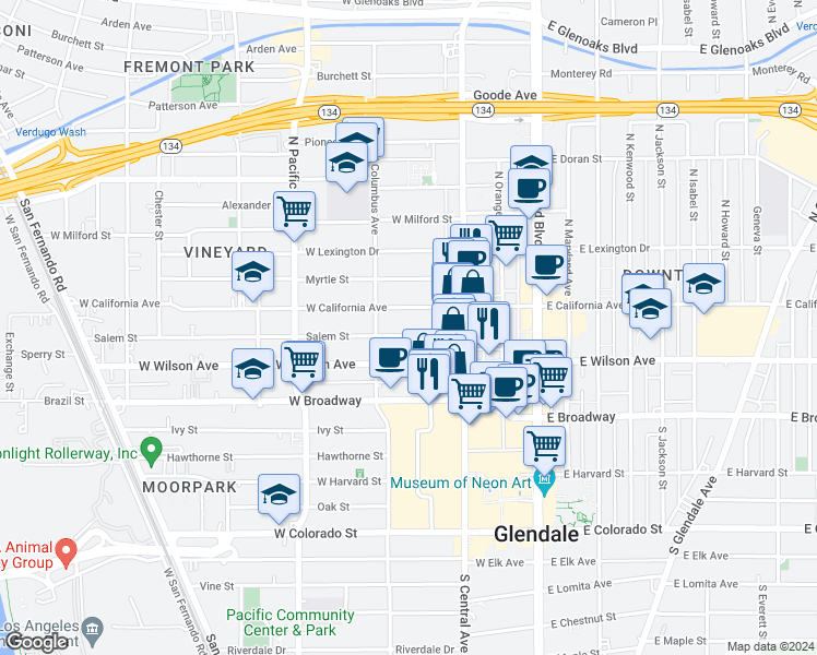 map of restaurants, bars, coffee shops, grocery stores, and more near 345 Salem Street in Glendale