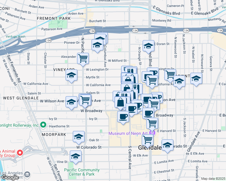 map of restaurants, bars, coffee shops, grocery stores, and more near 345 Salem Street in Glendale